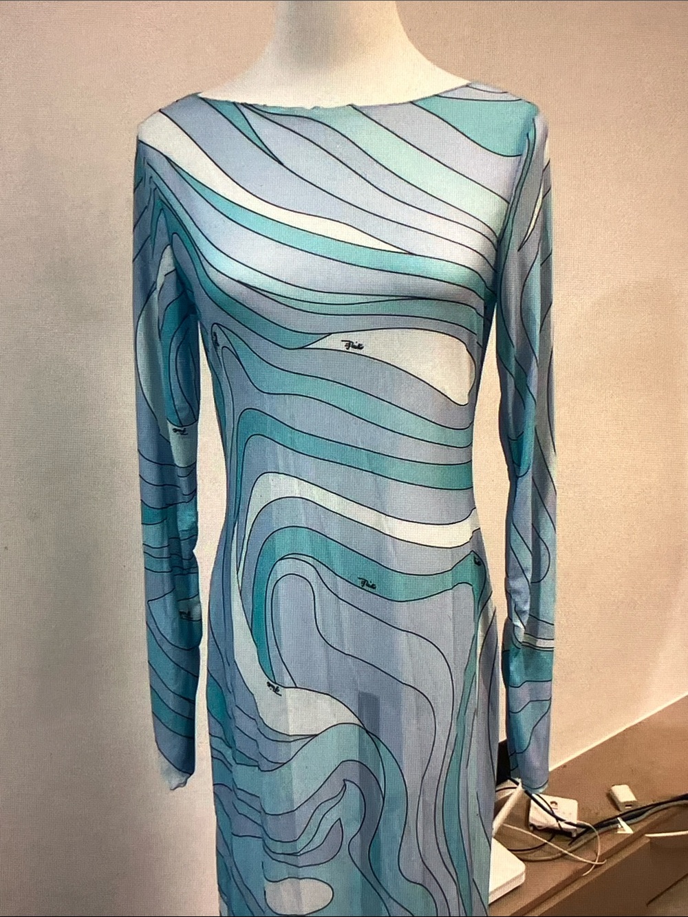 Emilio Pucci Aqua, Light Blue and White Long-Sleeve Maxi Dress